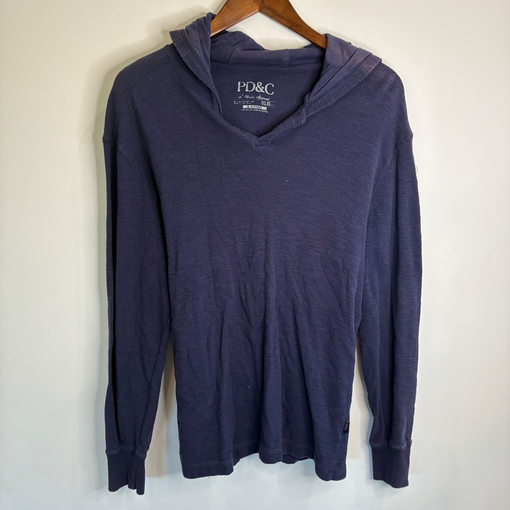 PD&C Mens Navy Blue Long Sleeve Hooded Slub Knit Shirt V-Neck Large THHD-NV